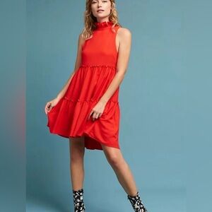 Red Anthropologie x Elliatt Ruffled Turtleneck Swing Dress